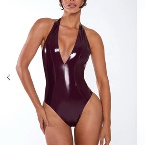 Burgundy Bodysuit with Plunging V-neckline and High-cut Legs